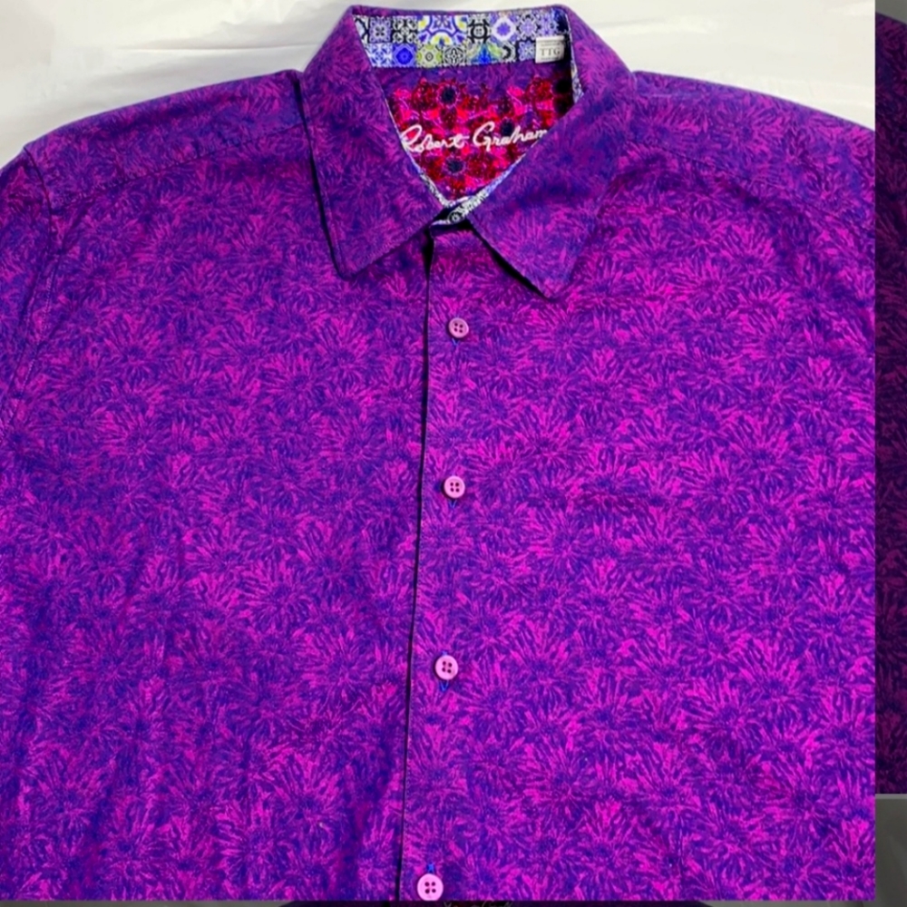 Men’s Robert Graham Purple Floral Button Short Sleeve Shirt Size XL/XXL